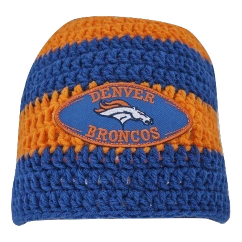 Women’s Homemade Hand Crocheted Orange & Blue Flower Beanie Winter Hat Broncos